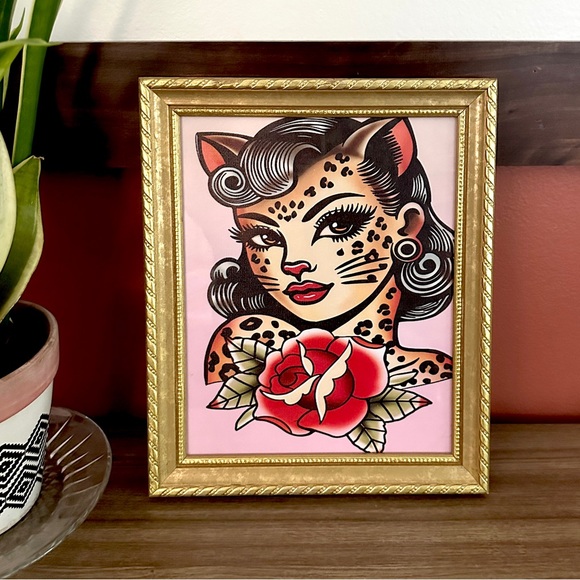Leopard Lady Tattoo Floral Woman Cat Pinup Canvas Art Print Gold Framed Wall Art - Picture 1 of 9